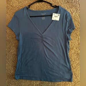 American Eagle Outfitters Blue Ruched Short Sleeve T-Shirt